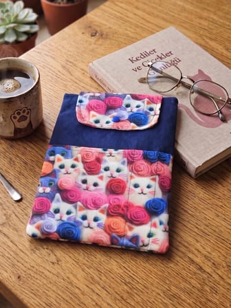 Sevimli kediler mavi desenli Kitap Kılıfı Şık ve Koruyucu Cepli Kitap Kılıfı Çok Amaçlı Çanta 19x25 cm