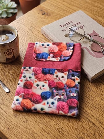 Sevimli kedi pembe desenli Kitap Kılıfı Şık ve Koruyucu Cepli Kitap Kılıfı Çok Amaçlı Çanta 19x25 cm