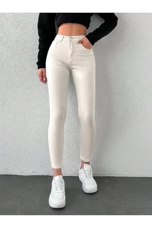 Kadın Yüksek Bel Skinny Power Likra Dar Paça Jean Bej / 36