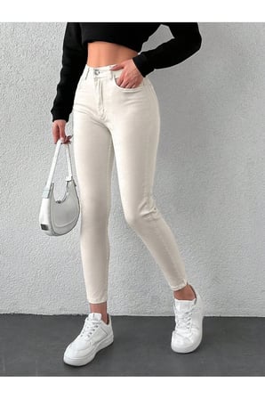 Kadın Yüksek Bel Skinny Power Likra Dar Paça Jean Bej / 38
