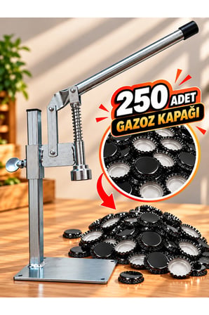 Gazzel Şişe Kapatma Aleti Gazoz Soda Şişesi Taç Kapak Makinası + 250 Adet Gazoz Kapağı