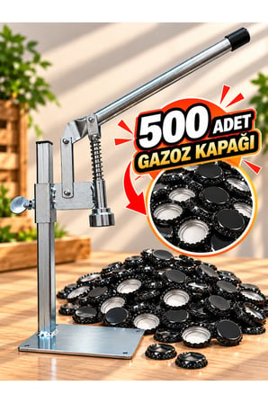 Gazzel Şişe Kapatma Aleti Gazoz Soda Şişesi Taç Kapak Makinası + 500 Adet Gazoz Kapağı