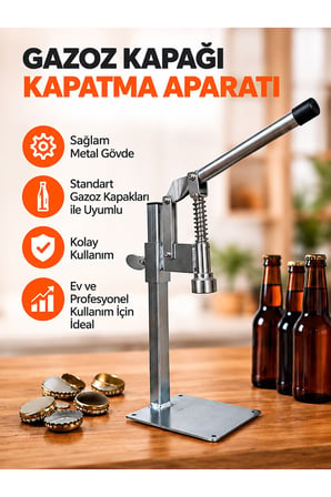 Gazzel Şişe Kapatma Aleti Gazoz Soda Şişesi Taç Kapak Makinası + 500 Adet Gazoz Kapağı
