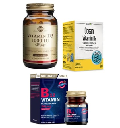 Solgar Vitamin D3 1000 IU 100 Tablet+Ocean Vitamin D3 1000 IU Damla 50 ml+Nutraxin B12 Vitamin 60 Tablet