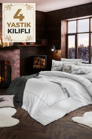 4 Yastık Kılıflı Geyikli %100 Pmauk Ranforce Çift kişilik Nevresim takımı