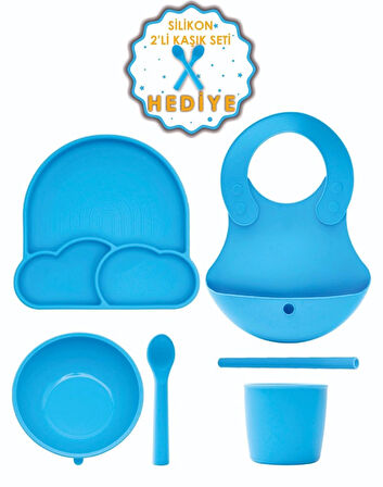 Babychefs %100 Premıum Silikon 6'lı Mama Seti Vakum Sistemli Mavi (Silikon 2'li Kaşık Seti Hediye)