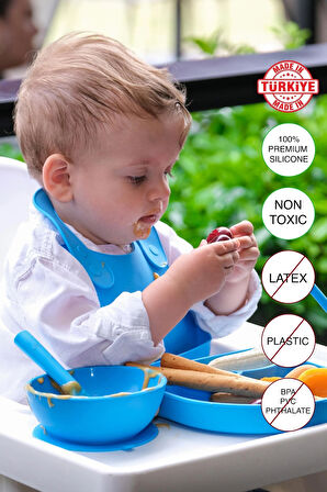 Babychefs %100 Premıum Silikon 6'lı Mama Seti Vakum Sistemli Mavi (Silikon 2'li Kaşık Seti Hediye)