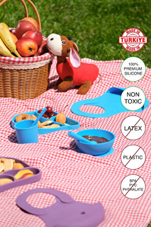 Babychefs %100 Premıum Silikon 6'lı Mama Seti Vakum Sistemli Mavi (Silikon 2'li Kaşık Seti Hediye)