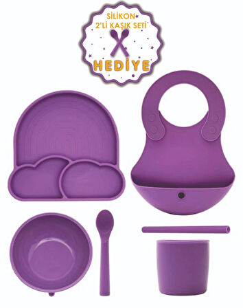 Babychefs %100 Premıum Silikon 6'lı Mama Seti Vakum Sistemli Mor (Silikon 2'li Kaşık Seti Hediye)