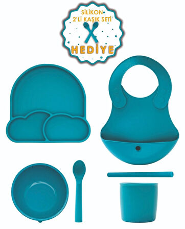 Babychefs %100 Premıum Silikon 6'lı Mama Seti Vakum Sistemli Yeşil (Silikon 2'li Kaşık Seti Hediye)