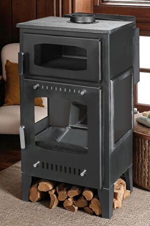 Şık Camlı Pelet & Odunlu Soba – 8kW, Fırınlı Şömine
