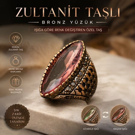 Doğal Zultanit Taşlı Bronz Yüzük – Işığa Göre Renk Değiştiren Özel Tasarım Vintage Yüzük