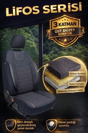 Lifos Serisi Koton Kumaş Universal Oto Koltuk Kılıfı Tam Set