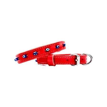 Desingshop Hakiki Deri Nazar Boncuklu Kedi ve Köpek Tasması Kırımızı 38CM x 2 cm