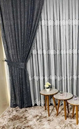  NİSH PERDE Örme Jakar Şantuk Antrasit Tül Fon Perde İKİ KANAT Aksesuar HARİÇ KOL BAĞLI