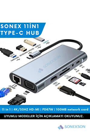 11 In 1 Type-c To Usb Hub Port Uyumlu Adaptör Hdmı 4x Usb Lan Vga Sd Card Çevirici Çoklayıcı