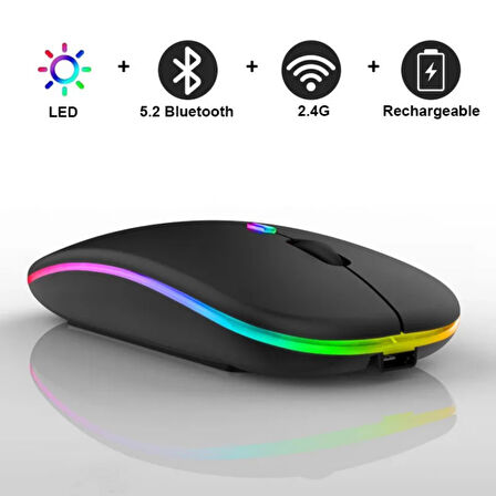 Kablosuz Bluetooth Mouse Rgb Ledli Şarj Edilebilir Sessiz Kullanım