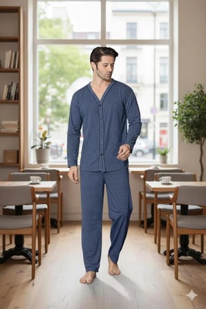 SUNZER HOMEWEAR önden düğmeli petrol mavisi erkek pijama takımı