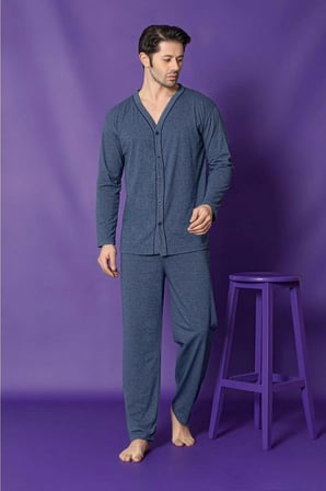 SUNZER HOMEWEAR önden düğmeli petrol mavisi erkek pijama takımı