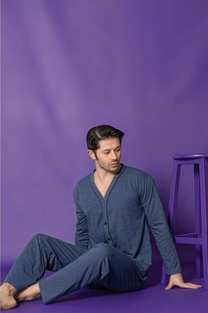 SUNZER HOMEWEAR önden düğmeli petrol mavisi erkek pijama takımı