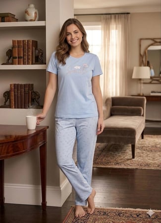 sunzer homewear %100 pamuk penye kumaş kisa kol bayan pi̇jama takimi