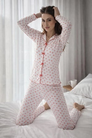 sunzer homewear %100 pamuk penye çiçek desenli uzun kol bayan pijama takımı