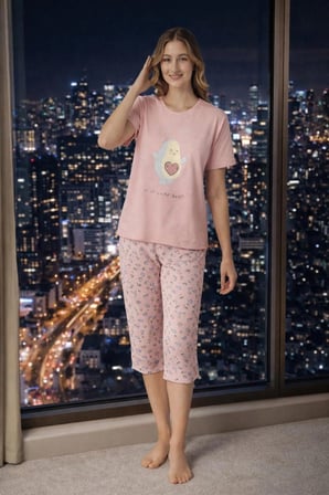sunzer homewear %100 pamuk pembe bayan kapri pijama takımı