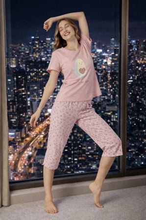 sunzer homewear %100 pamuk pembe bayan kapri pijama takımı