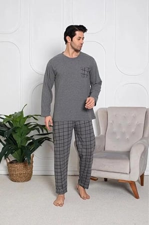SUNZER HOMEWEAR üstcepli mevsimlik gri renk erkek pijama takımı
