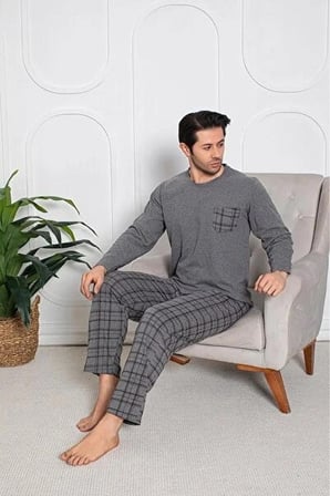 SUNZER HOMEWEAR üstcepli mevsimlik gri renk erkek pijama takımı
