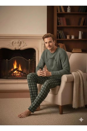 SUNZER HOMEWEAR haki renk mevsimlik erkek pijama takımı