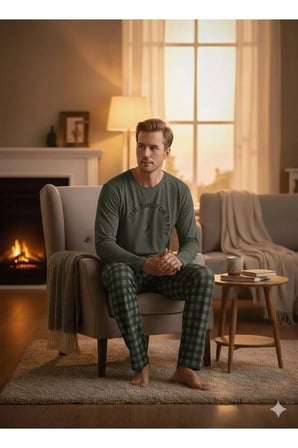 SUNZER HOMEWEAR haki renk mevsimlik erkek pijama takımı