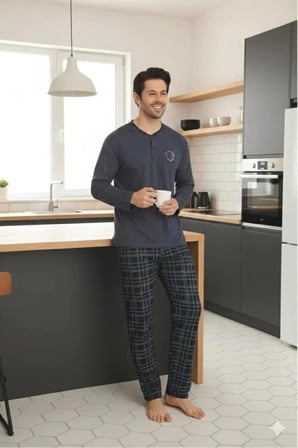 SUNZER HOMEWEAR mevsimlik yaka düğmeli koyu gri erkek pijama takımı