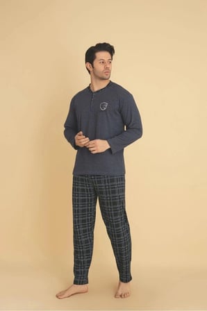 SUNZER HOMEWEAR mevsimlik yaka düğmeli koyu gri erkek pijama takımı