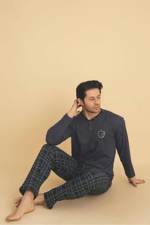 SUNZER HOMEWEAR mevsimlik yaka düğmeli koyu gri erkek pijama takımı