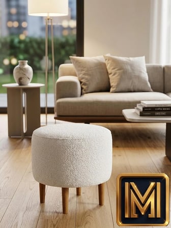 SOFT 01 yuvarlak puf koltuk yumuşak doku nubuk kumaş modern tasarım dekoratif puf ahşap ayaklı oturma pufu şık ve konforlu salon ve yatak odası pufu iskandinav buklet boucle bohem tabura etnik balkon