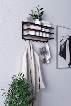 Sofya 2 Katlı Ceviz Raflı Askılık, Portmanto (53 CM - 5 ASKI)