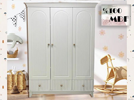 %100 MDF Soho Çizgili Desen 3 Kapılı Bebek & Çocuk Gardırop
