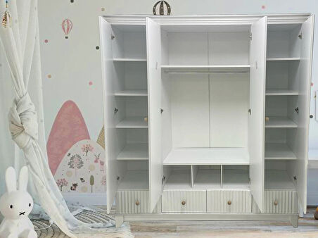 %100 MDF Soho Çizgili Desen 4 Kapılı Bebek & Çocuk Gardırop