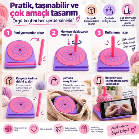 Sök-Tak Pimli Yumak Döndürücü – Taşınabilir Örgü Aparatı ve Telefon Standı