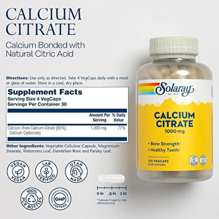Solaray Calcium(Kalsiyum) Citrate 1000mg - Chelated Calcium Supplement - Supports Bone Strength and Healthy Teeth - Easy to Digest - 60-Day Guarantee, Vegan - 30 Servings, 120 VegCaps