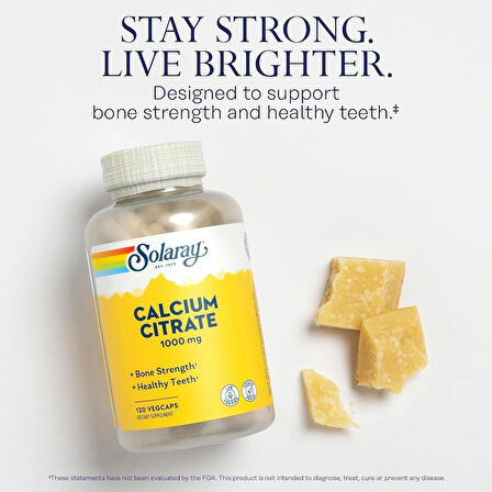 Solaray Calcium(Kalsiyum) Citrate 1000mg - Chelated Calcium Supplement - Supports Bone Strength and Healthy Teeth - Easy to Digest - 60-Day Guarantee, Vegan - 30 Servings, 120 VegCaps