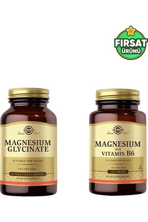 Solgar Magnesium Glycinate 60 Kapsül + Solgar Magnesium with Vitamin B6 100 Tablet