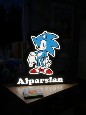 Kişiye Özel İsimli Sonic Led Gece Lambası Usb Çocuk Odası Mavi-siyah 