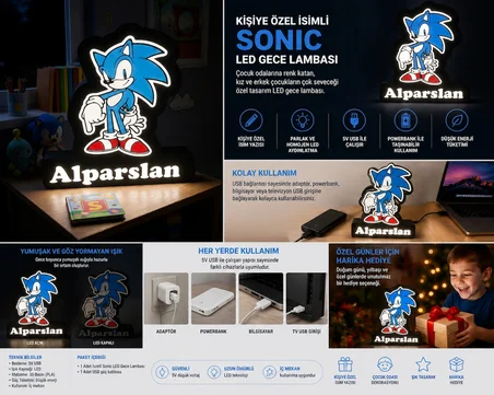Kişiye Özel İsimli Sonic Led Gece Lambası Usb Çocuk Odası Mavi-siyah 