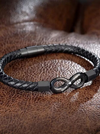 Kişiye Özel Sonsuz Deri Bileklik, İsim Yazılı Bileklik , Erkek Bilekliği , Sevgiliye Hediye