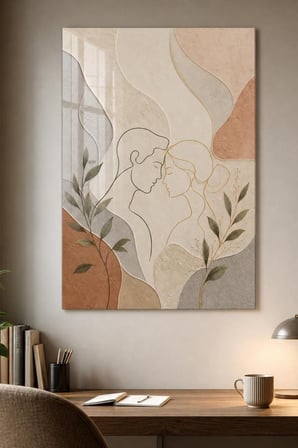 Minimalist Çift Portresi Baskılı Cam Tablo – UV Baskı Modern Duvar Dekoru