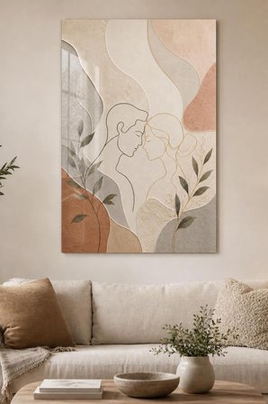 Minimalist Çift Portresi Baskılı Cam Tablo – UV Baskı Modern Duvar Dekoru