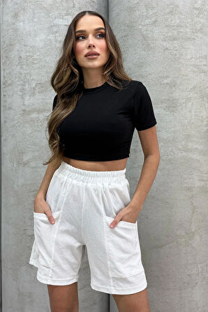 Lesa Wear Yüksel Bel Bol Kesim Keten Görünümlü Çift Cepli Şort