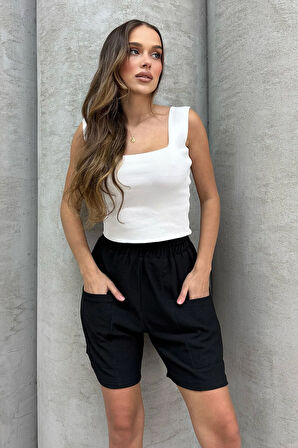 Lesa Wear Yüksel Bel Bol Kesim Keten Görünümlü Çift Cepli Şort